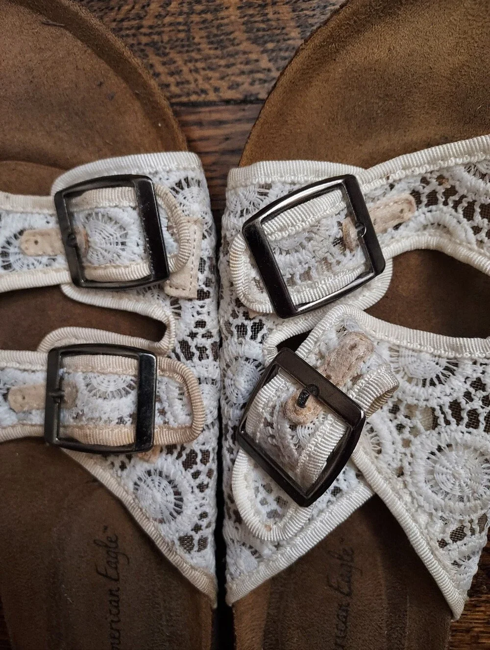 American Eagle Outfitters White Crochet Double-Buckle Slide Sandals